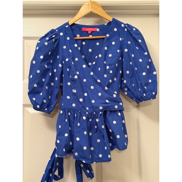 Lilly Pulitzer Tops - Lilly Pulitzer Wrap Top Women S Blue Polka Dot Shell Puff Sleeve Peplum Cotton